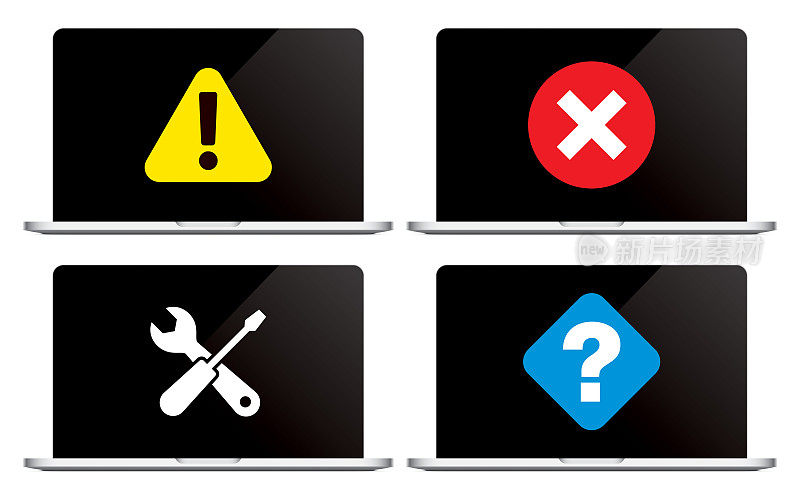 Set of vector laptops with different warning signs